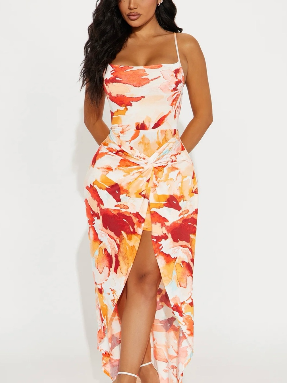 Fashion Nova White Orange Red Floral Maxi Dress